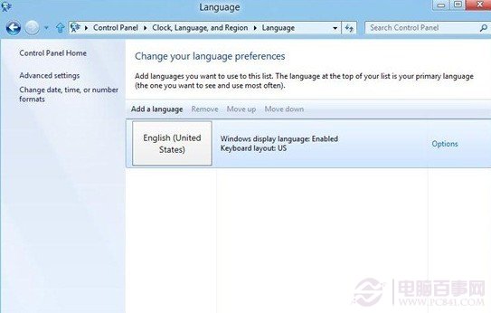 windows8“控制面板”中语言首选设置项